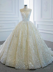Always Remember Wearing Champagne Ball Gown Tulle Embroidery Pleats Wedding Dress