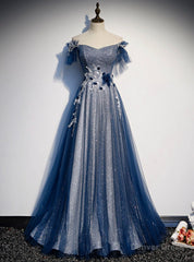 Amazing Blue Tulle Sequins Off the Shoulder Beading Prom Dress