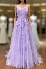 Amazing Lilac Straps Long Lace Prom Dresses With Appliques