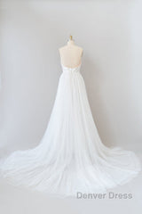 Amazing Long A-line Chapel Train Appliques Tulle Backless Wedding Dresses
