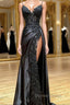 Amazing Long Black V Neck Spaghetti Straps Lace Sleeveless Prom Dresses Long Slit Online