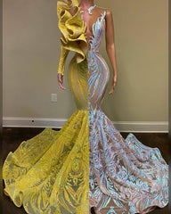 Amazing V-Neck One Shoulder Long Sleeve Long Mermaid Prom Dresses