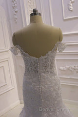 Amazing White 3D Lace applique Off the Shoulder Mermaid Bridal Gowns