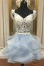 And Light Sky Blue Two Piece Off the Shoulder White Short Prom Dresses
