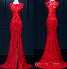 Appliques Lace Mermaid Evening Dresses, Sexy Red Long Prom Dresses