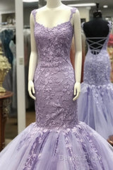 Appliques Mermaid Backless Lavender Straps Purple Lace Prom Dresses