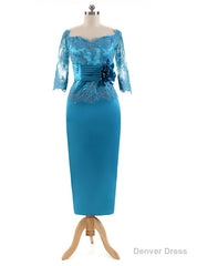 Appliques Satin Lace Three Quarters Sleeves Mother of the Bride Dress