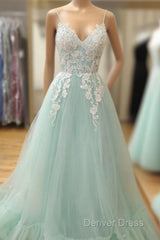 Appliques Spaghetti Straps Mint Green Tulle A Line Prom Dresses