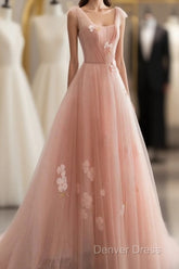 Appliques Straps Long Pink Tulle Flowers Prom Dresses