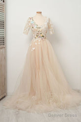 Appliques Tulle Lace Light Champagne Long Prom Dress