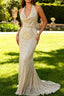 Apricot Mermaid Halter Sequins Open Back Long Prom Dress