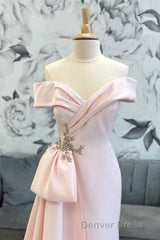 Pink Off-Shoulder Mermaid Satin Long Mother of Bride Dresses
