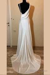 Asymmetrical Neck White Long Bridesmaid Dress With Slit