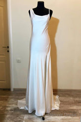 Asymmetrical Neck White Long Bridesmaid Dress With Slit