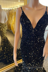 Open Back Sequin Mermaid V Neck Long Prom Dresses