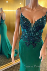 Straps Green Appliques Mermaid Long Formal Dresses