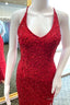 Red Sequins Mermaid Crossed Back Long Prom Dresses with Slit