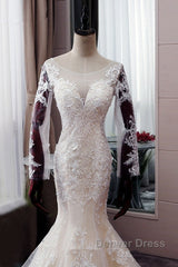 Autumn Long Sleevess Mermaid Lace appliques Ivory Wedding Dresses