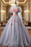 Available In Sizes 0-24 Gray Ball Gown Tulle Appliques Short Sleeve Quinceanera Dresses
