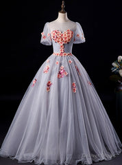 Available In Sizes 0-24 Gray Ball Gown Tulle Appliques Short Sleeve Quinceanera Dress