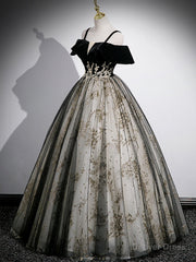 Black Velvet Tulle Sequins Floor Length Prom Dress, Off the Shoulder Evening Party Dress