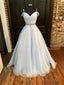 Blue Organza Beaded Long Prom Dress, Blue Spaghetti Straps Prom Dresses