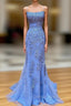 Backless Blue Lace Mermaid Prom Dress, Open Back Lace Mermaid Prom Dresses
