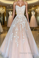 Backless Champagne Lace Prom Dresses, Open Back Champagne Lace Formal Evening Dresses