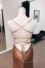 Backless Champagne Long Prom Dresses with High Slit, Long Champagne Formal Graduation Evening Dresses