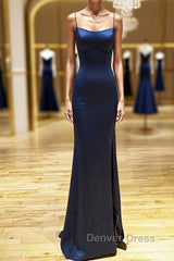 Backless Dark Navy Blue Long Prom Dresses, Dark Navy Blue Formal Graduation Evening Dresses