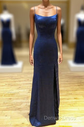 Backless Dark Navy Blue Long Prom Dresses Evening Dresses