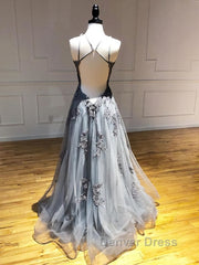 Backless Gray Lace Prom Dresses, Backless Gray Lace Formal Evening Graduation Dresses