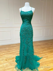 Backless Green Lace Mermaid Prom Dresses, Open Back Mermaid Lace Formal Evening Dresses