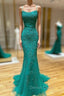 Backless Green Mermaid Lace Prom Dresses, Open Back Green Lace Mermaid Formal Evening Dresses