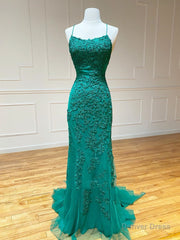 Backless Green Mermaid Lace Prom Dresses, Open Back Green Lace Mermaid Formal Evening Dresses