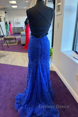 Backless Mermaid Blue Lace Tulle Long Prom Dresses, Mermaid Blue Formal Dresses, Blue Lace Evening Dresses