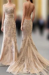 Backless Mermaid Champagne Lace Prom Dresses, Champagne Backless Mermaid Lace Formal Dresses
