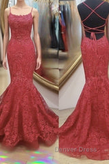 Backless Mermaid Red Lace Long Prom Dresses, Mermaid Red Lace Formal Dresses, Red Lace Evening Dresses