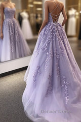 Backless Purple Lace Prom Dresses with Train, Open Back Long Purple Lace Formal Evening Dresses