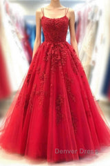 Backless Red Lace Long Prom Dresses, Red Lace Formal Dresses, Red Evening Dresses, Lace Ball Gown
