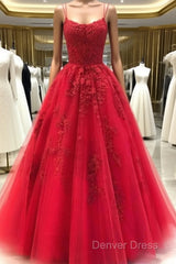 Backless Red Lace Prom Dresses, Open Back Red Lace Formal Evening Graduation Dresses