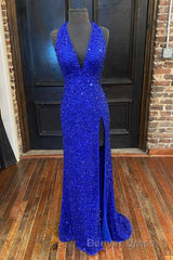 Backless Royal Blue Sequin Prom Gown with Slit,Formal Dresses with Sequins