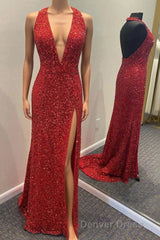 Backless Royal Blue Sequin Prom Gown with Slit,Formal Dresses with Sequins