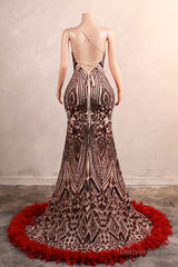 Backless Sequins Mermaid Prom Dresses Burgundy Party Evening Dresses with Feather Chapel Train