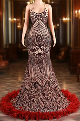 Backless Sequins Mermaid Prom Dresses Burgundy Party Evening Dresses with Feather Chapel Train