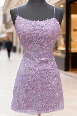 Backless Short Purple Prom Dresses, Open Back Short Purple Lace Graduation Homecoming Dresses