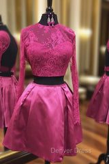 Backless Two Piece Homecoming Dresses Beaded Fuchsia Lace Long Sleeves