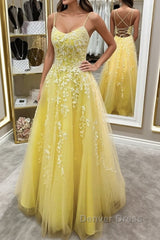 Backless Yellow Lace Long Prom Dresses, Long Yellow Lace Formal Dresses, Yellow Evening Dresses