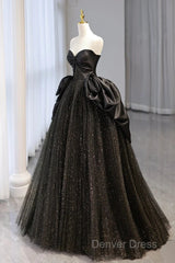 Ball Gown Black Sweetheart Neck Satin Tulle Long Prom Dresses