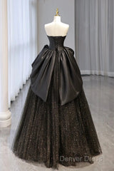 Ball Gown Black Sweetheart Neck Satin Tulle Long Prom Dresses